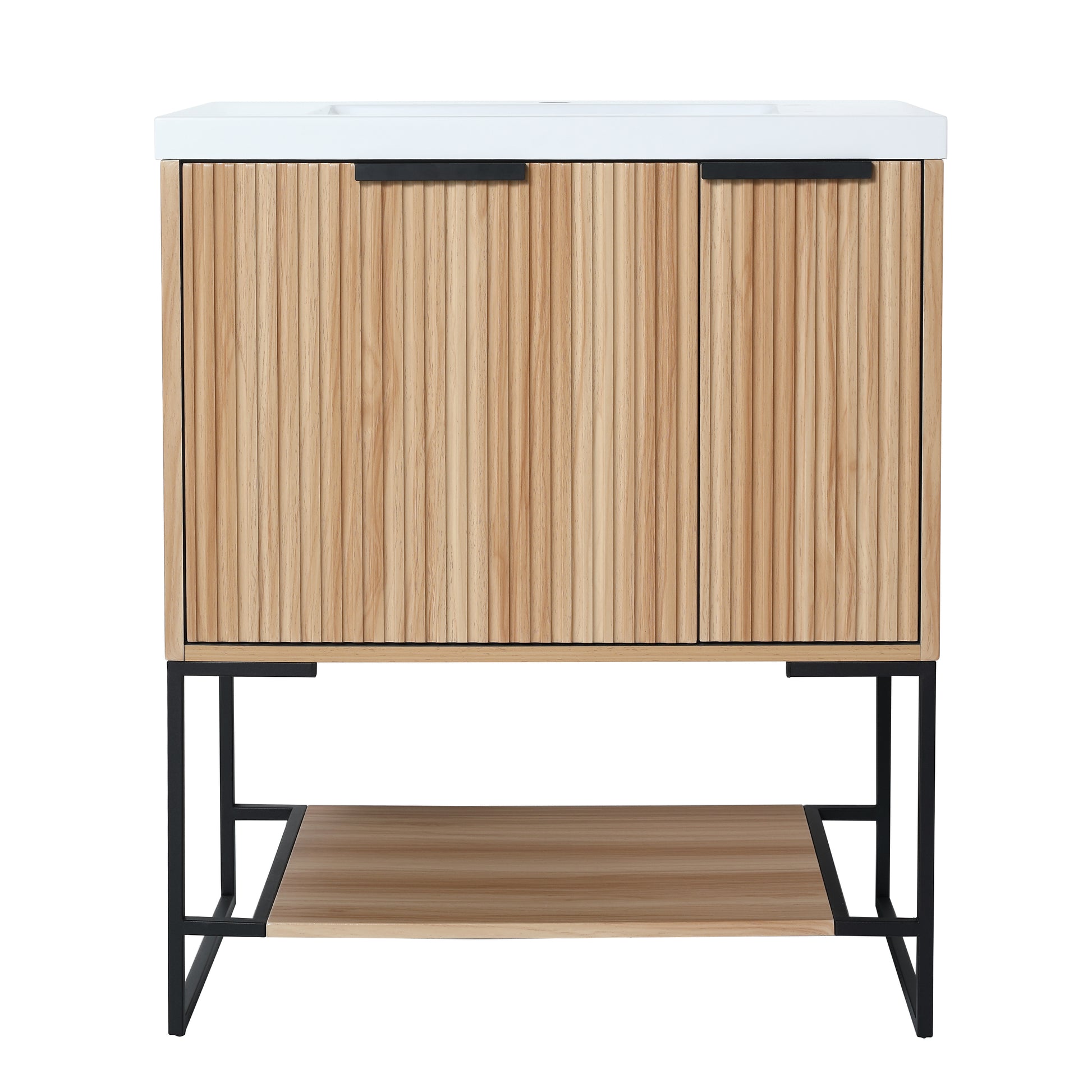 Modern light wood bathroom vanity with fluted doors and black metal legs