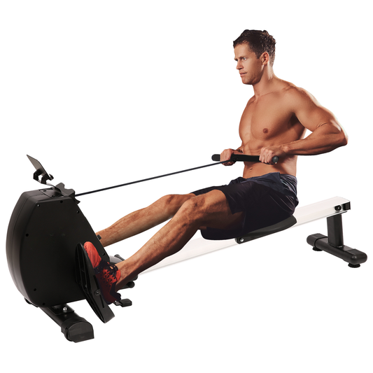 Man using black and white rowing machine for intense cardio workout