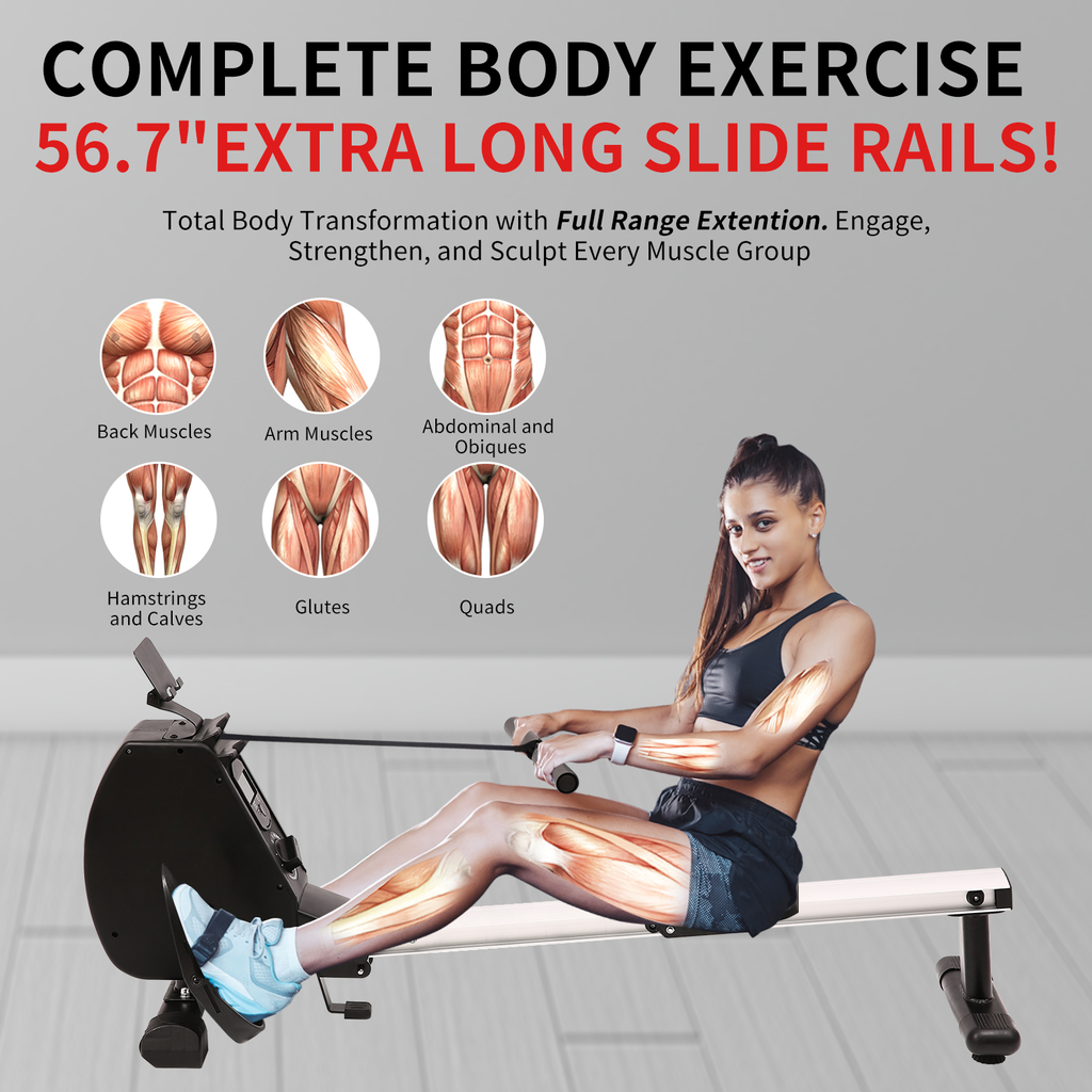 Rowing machine with extra long slide rails demonstrating full body workout