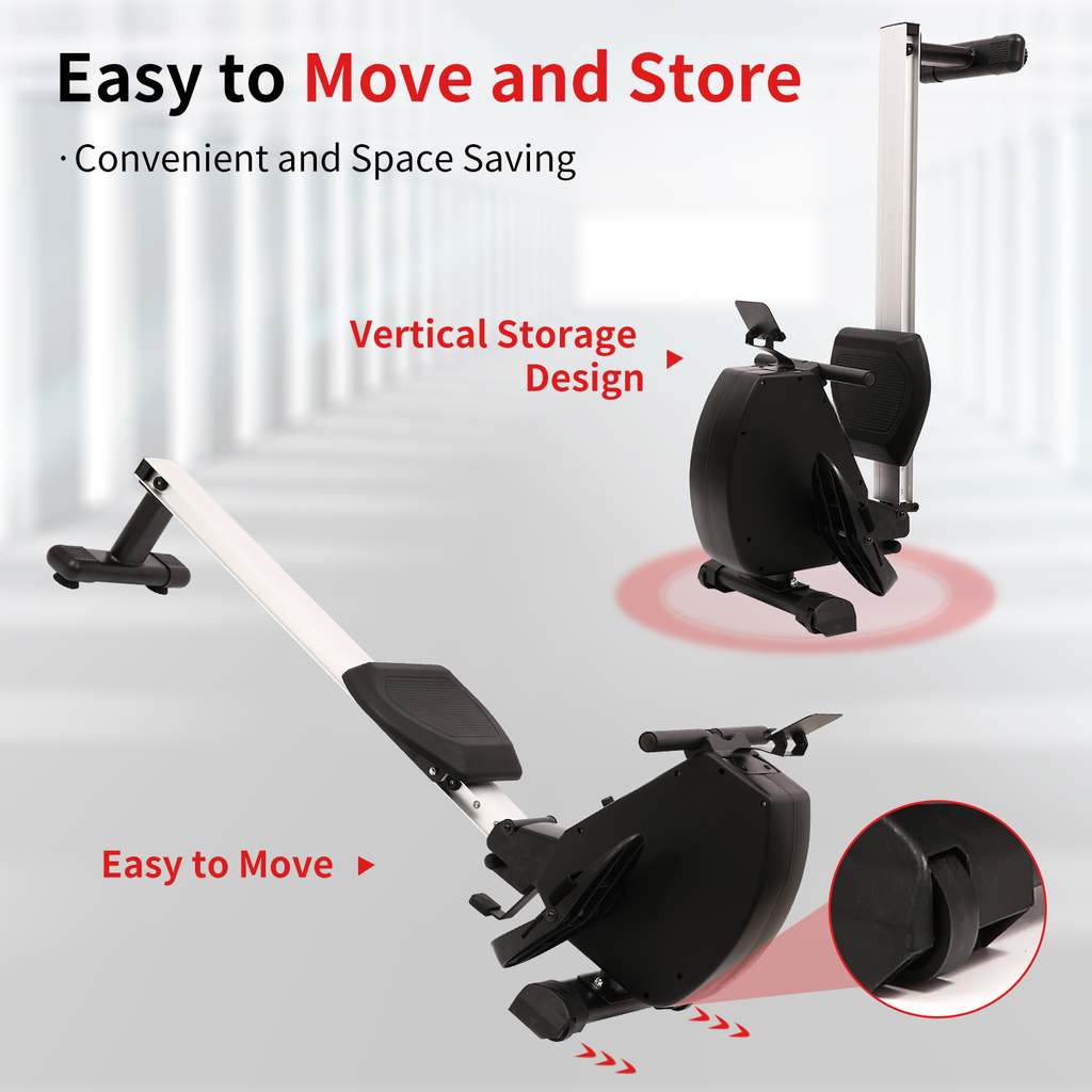 White and black rowing machine with vertical storage design