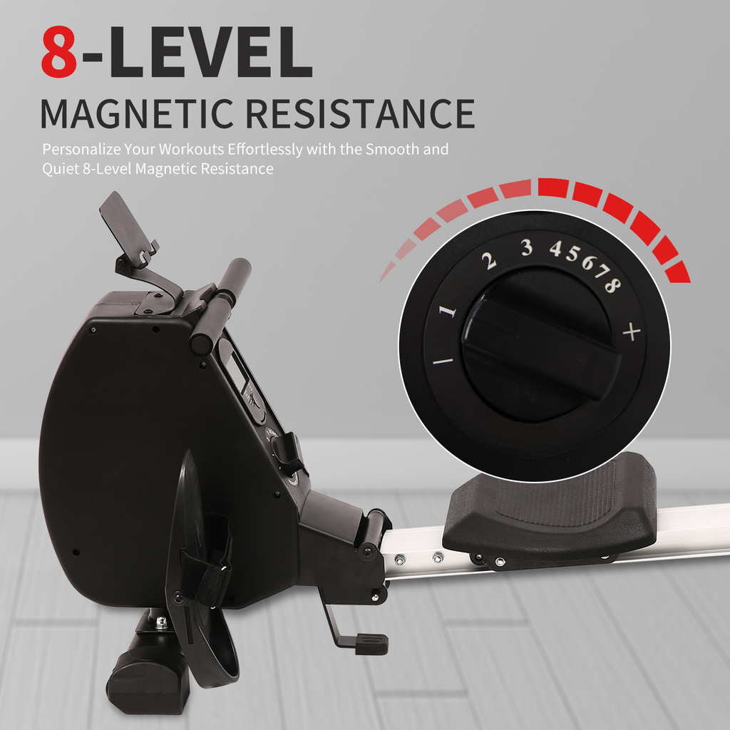Black indoor rowing machine with level magnetic resistance dial