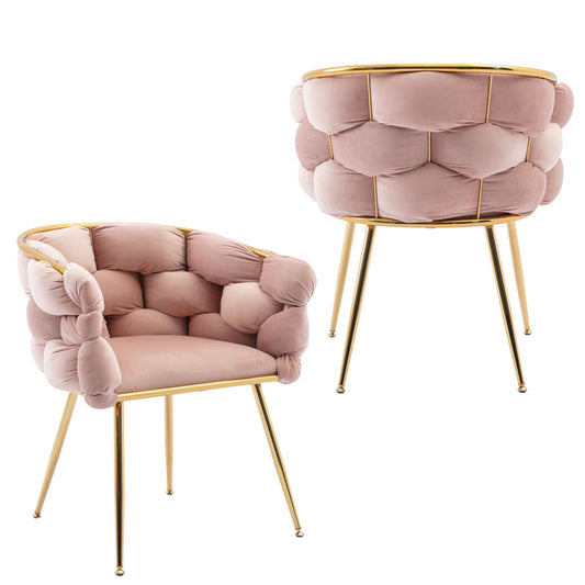 Upholstered pink velvet accent chair with gold metal legs and tufted design