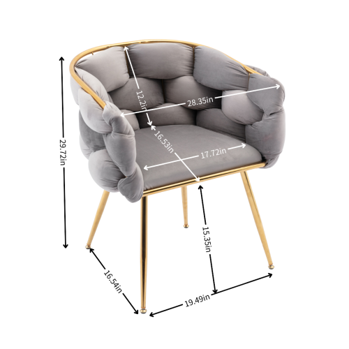 Plush grey velvet accent chair with a gold metal frame and tapered legs perfect for a chic living room