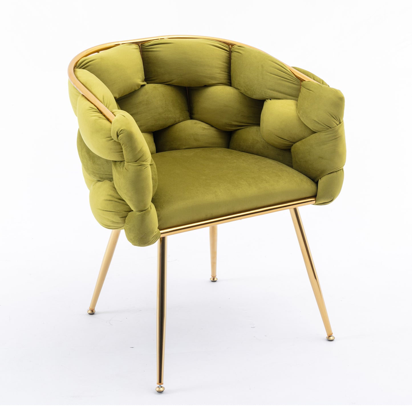 Olive green velvet tufted accent chair with gold metal frame and legs
