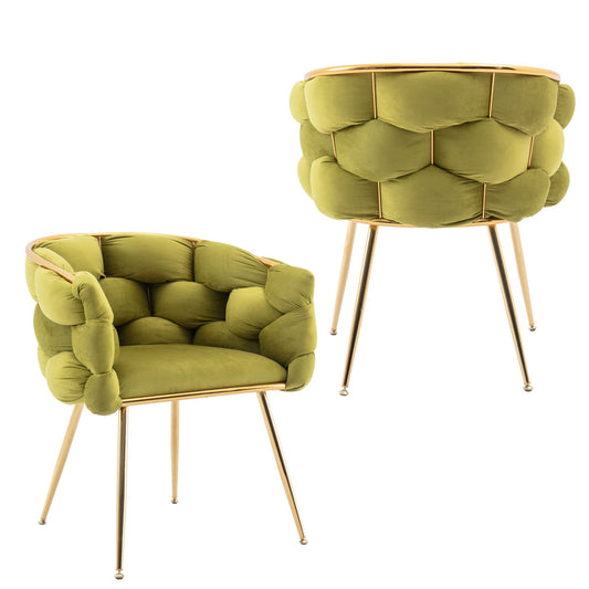 Plush velvet accent chair in olive green with tufted bubblelike design and gold legs