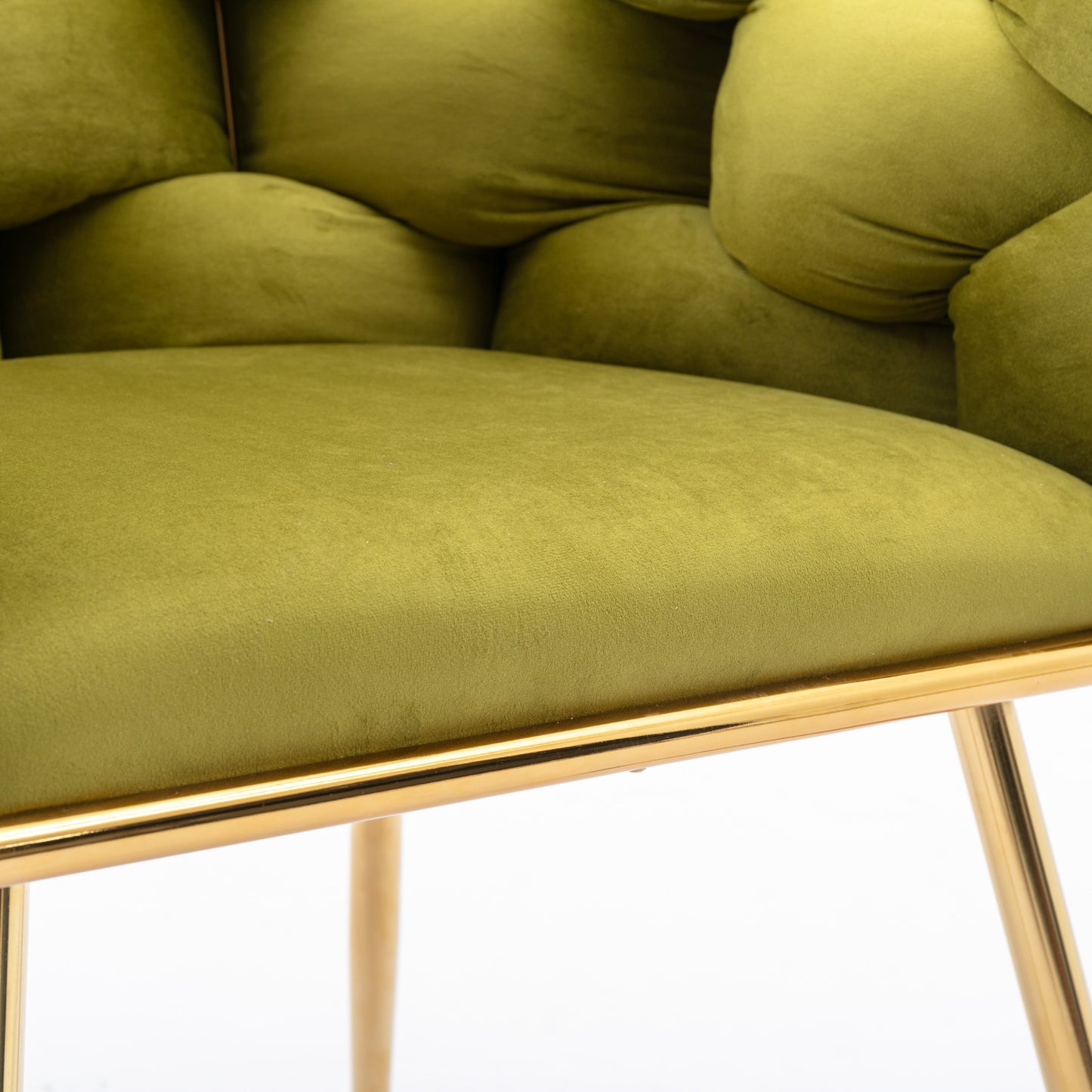 Tufted olive green velvet accent chair with gold metal legs elegant design
