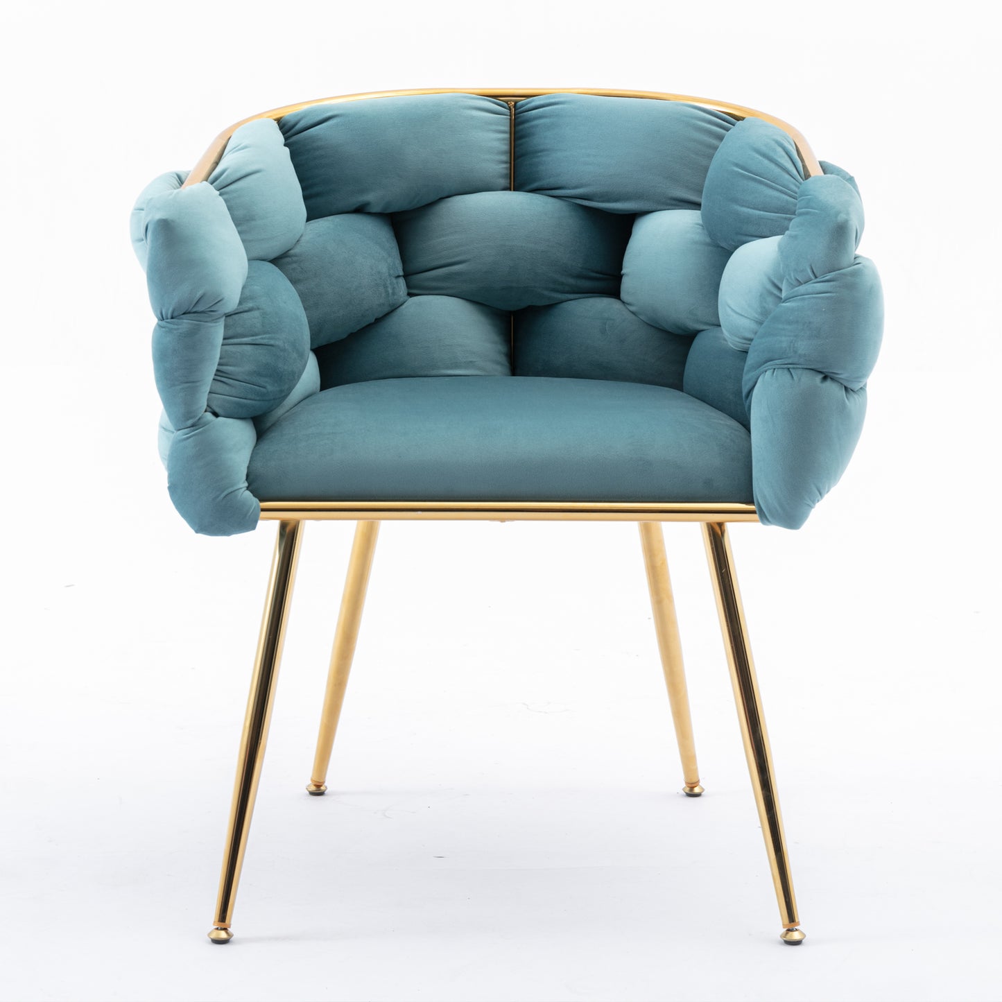 Teal velvet tufted accent chair with gold metal legs and frame