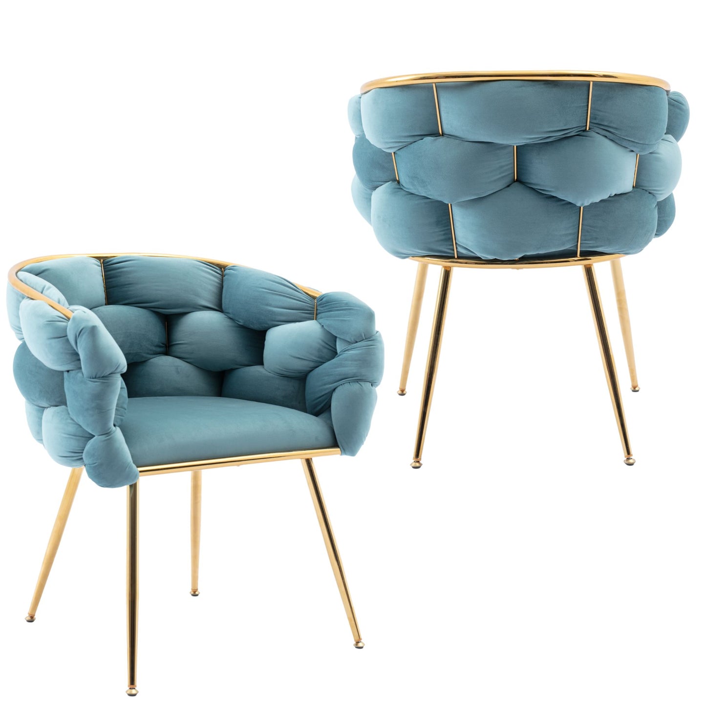 Plush teal velvet accent chair with intricate knotlike tufting and gold metal legs perfect for modern living rooms
