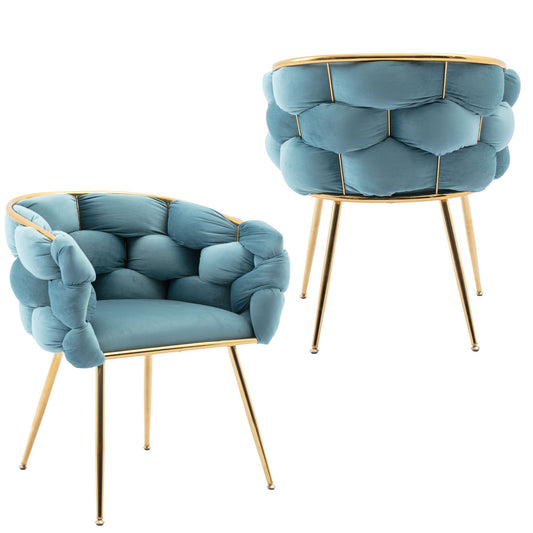Plush teal velvet accent chair with intricate knotlike tufting and gold metal legs perfect for modern living rooms