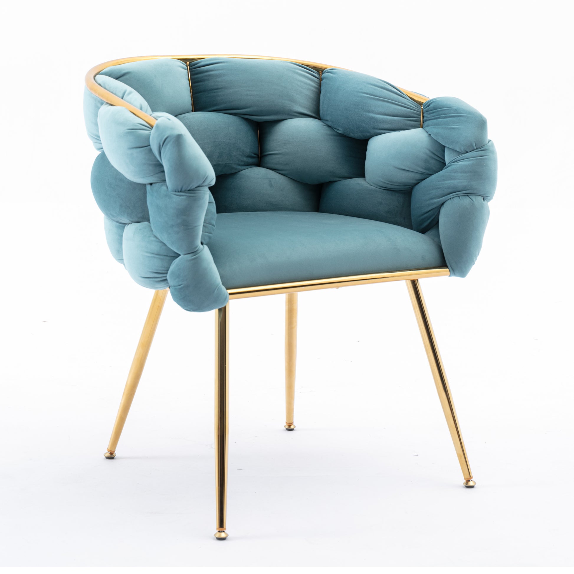 Teal velvet accent chair with plush tufted seat and gold metal legs