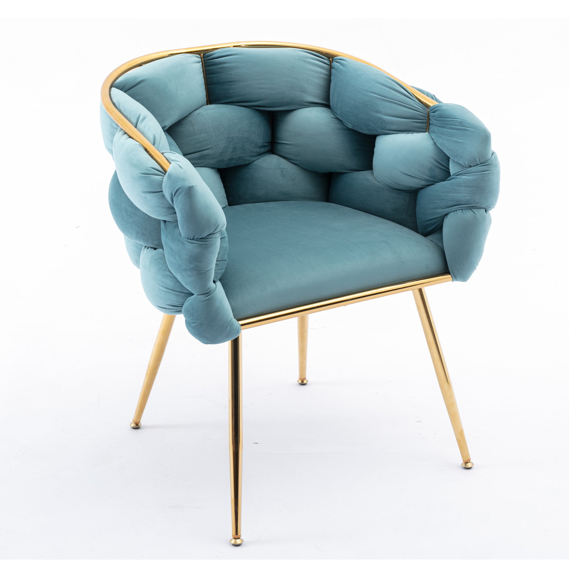 Teal velvet armchair with braided back and gold metal legs modern accent chair