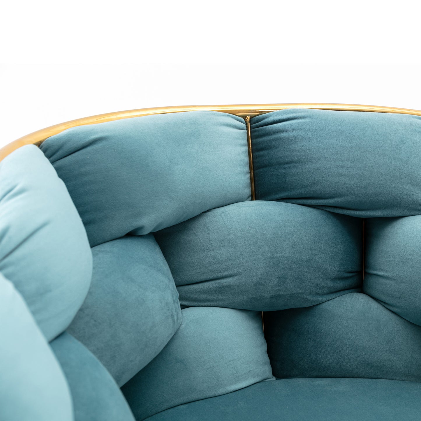 Teal velvet tufted armchair with gold metal frame accents