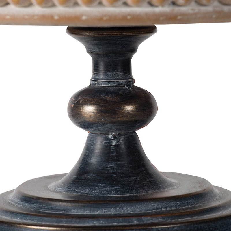 Antiquestyle dark gray pedestal stand with carved wooden bead accents and bronze highlights