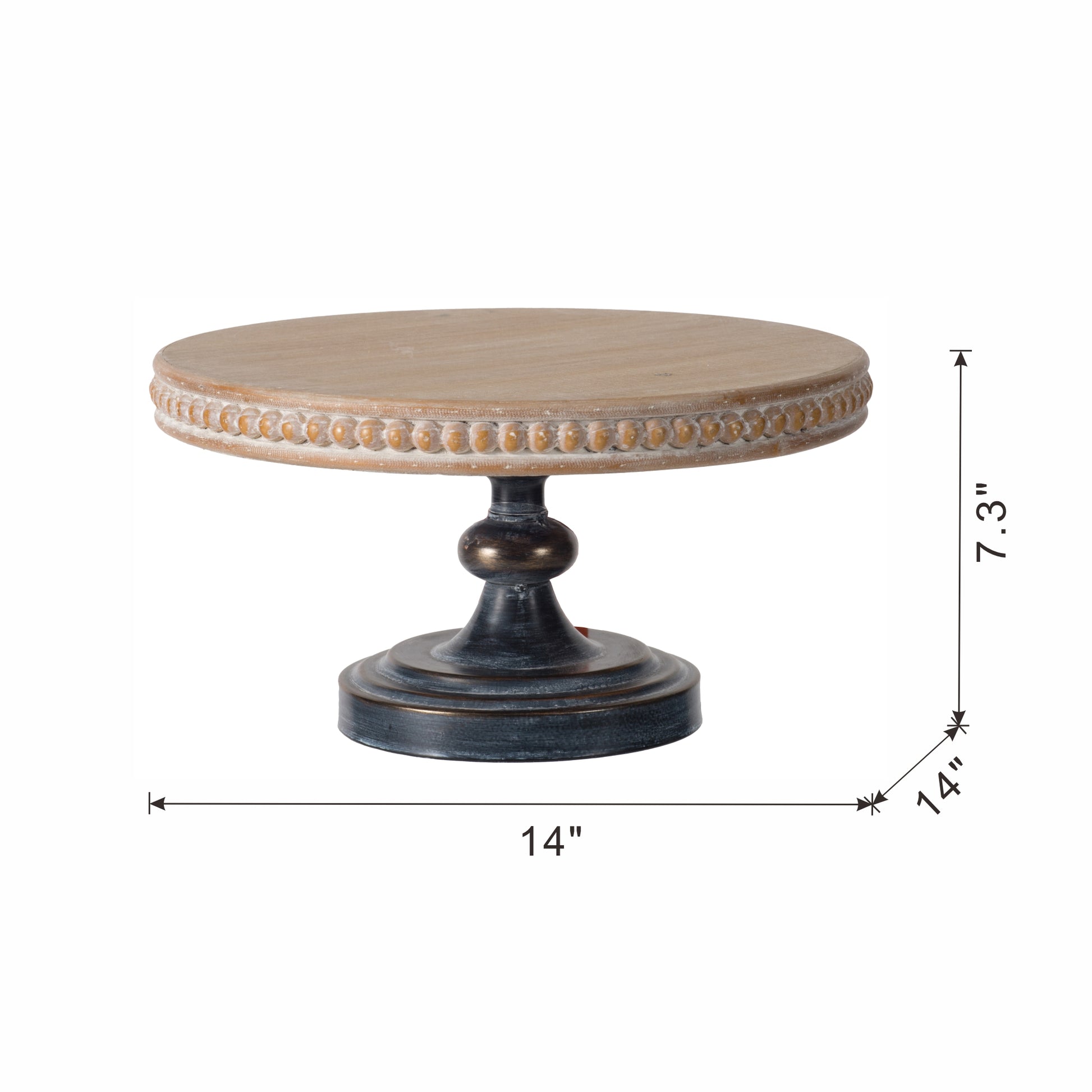 Rustic wooden cake stand with beaded edge and antique metal base  inches