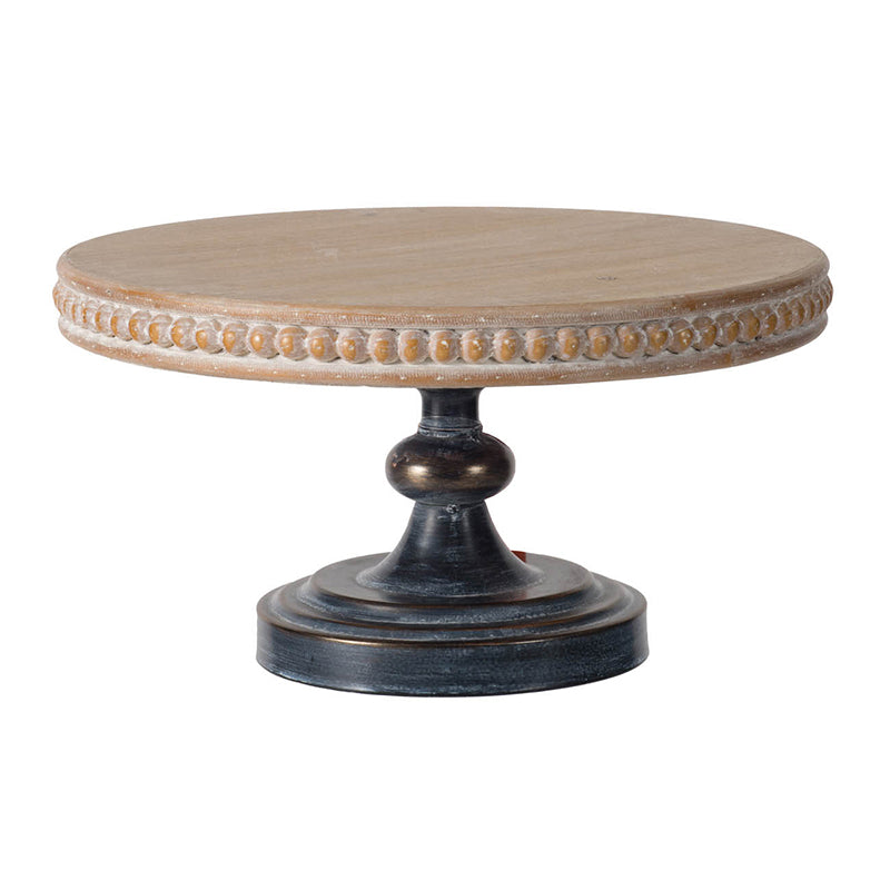 Farmhouse wooden cake stand with beaded rim and distressed dark base