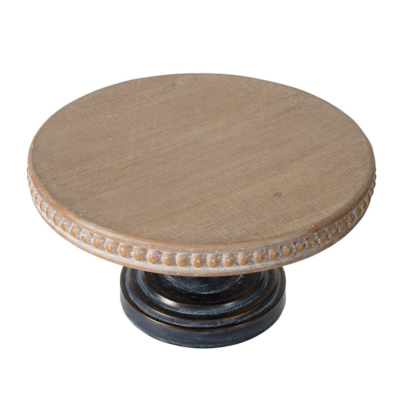 Wooden cake stand with beaded rim and dark distressed base