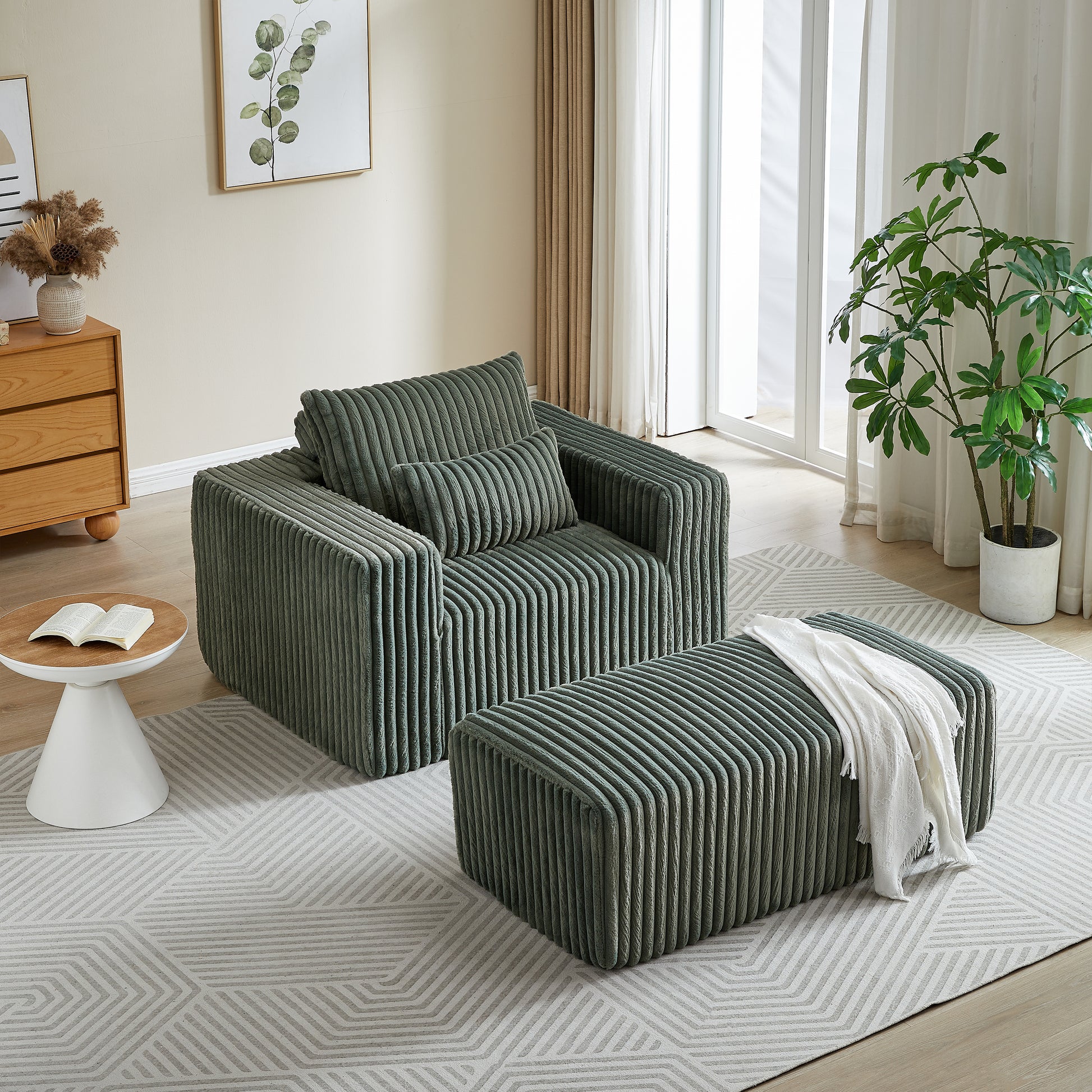 Sage green corduroy armchair and ottoman set for living room comfort