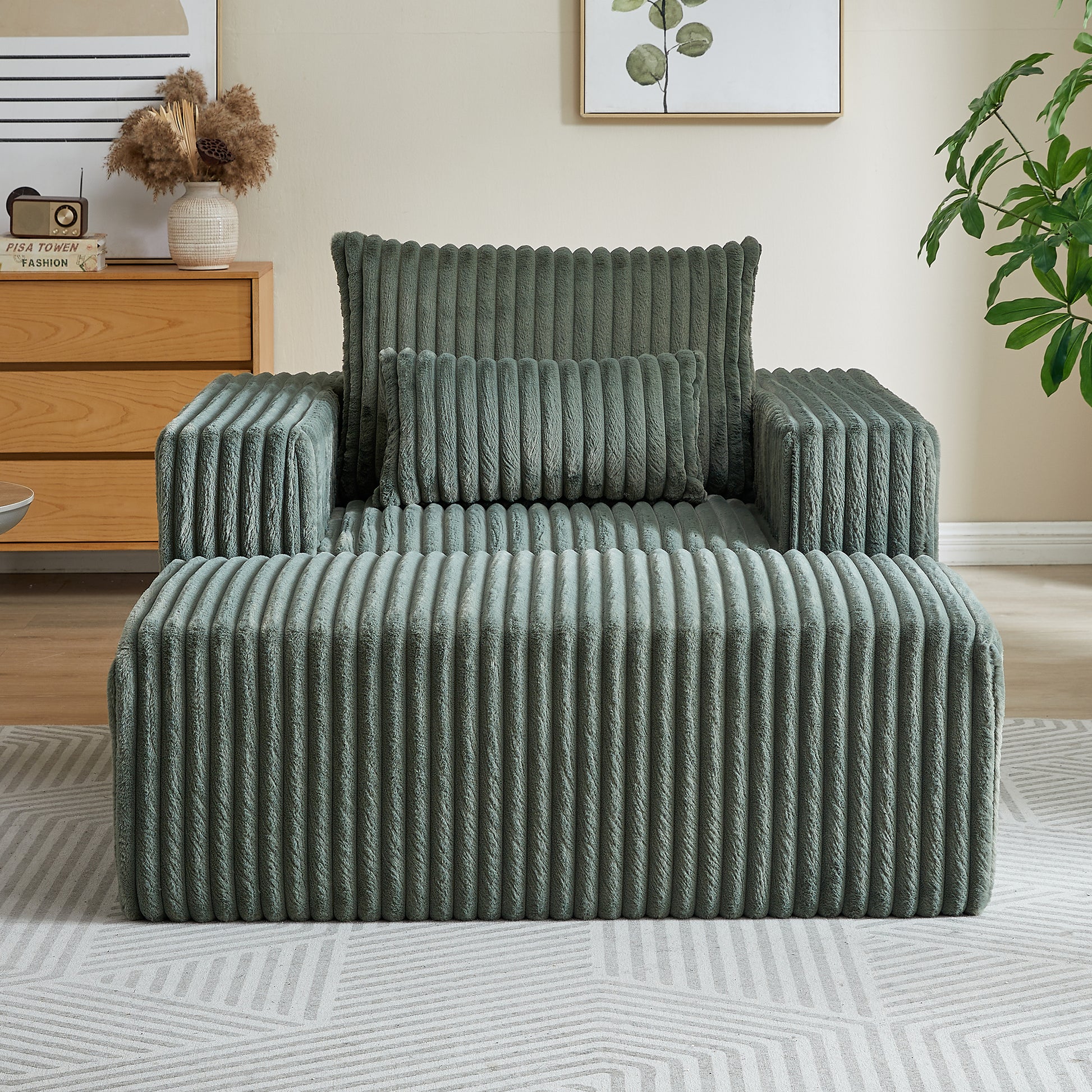 Sage green plush corduroy modular sofa with textured fabric upholstery