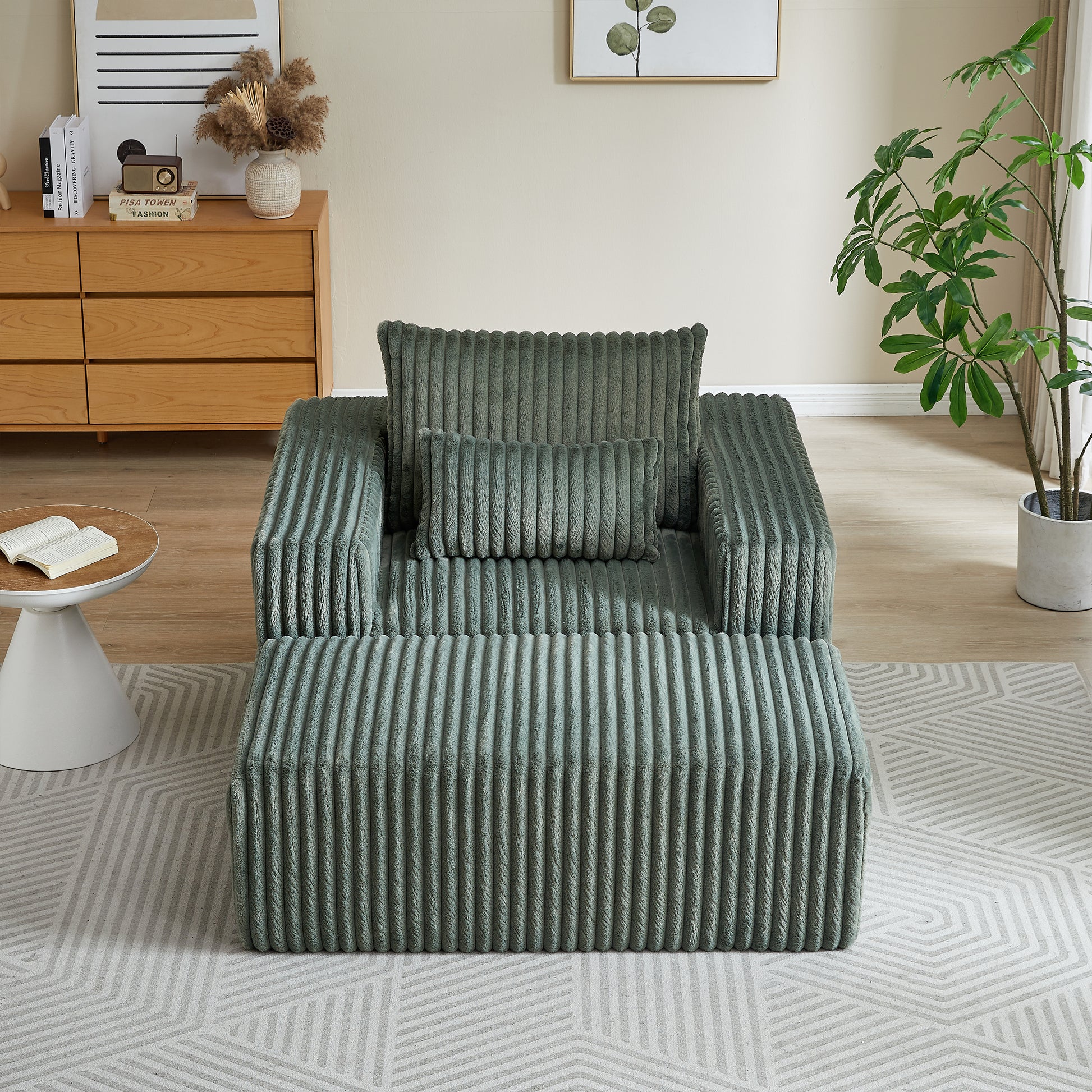 Sage green corduroy armchair with matching ottoman and accent pillows modern living room furniture