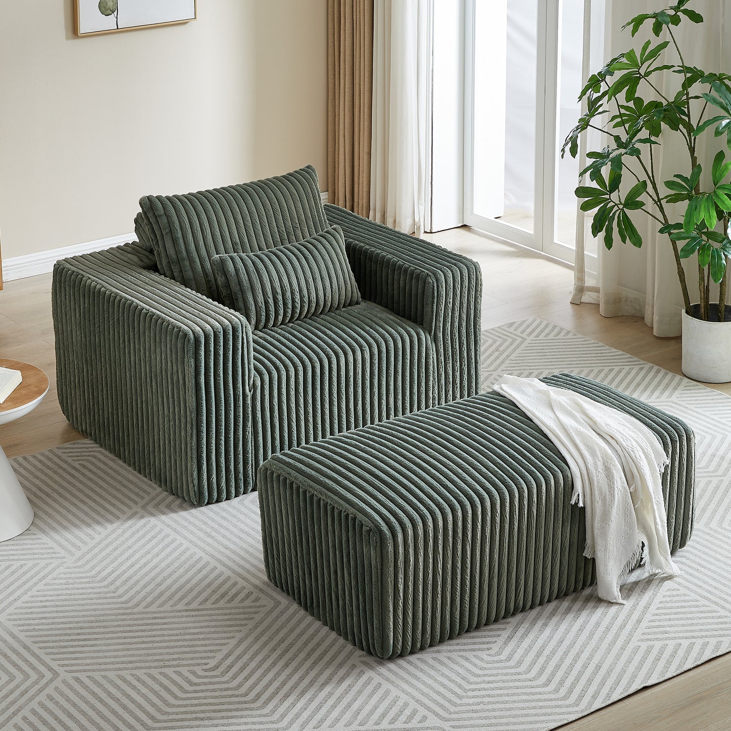 Plush corduroy armchair in sage green featuring a unique textured design and comfortable seating for modern living rooms