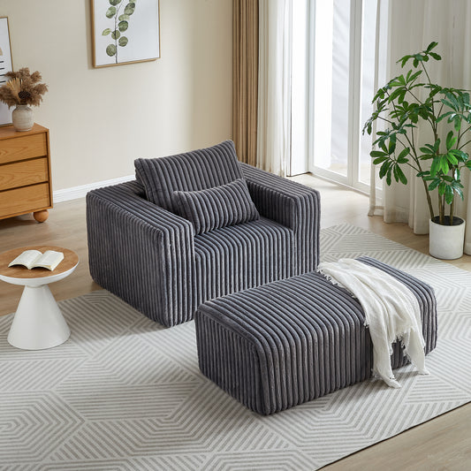 Modern grey corduroy armchair with matching ottoman and throw pillow