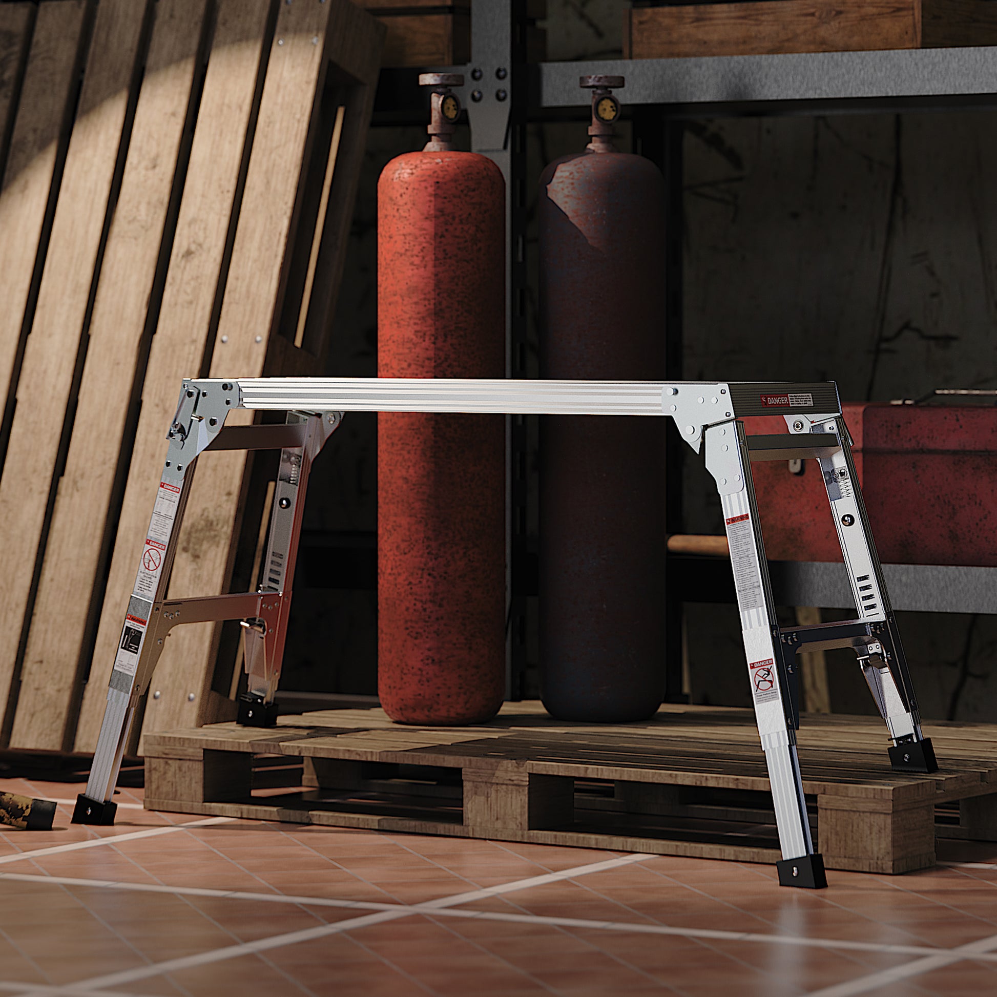 Folding stepladder with silver aluminum frame on a wooden pallet ready for use