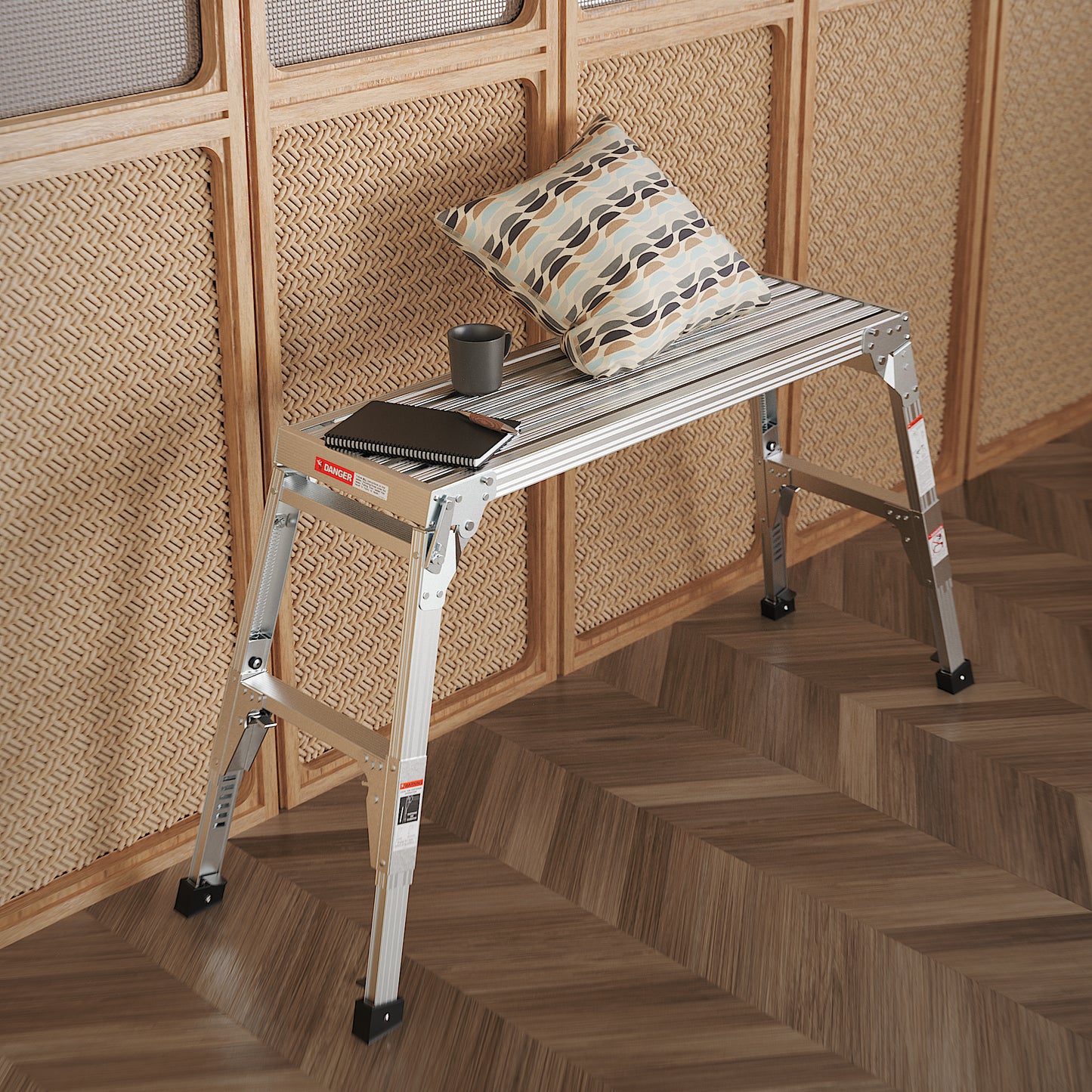Aluminum folding stepladder with rubber feet and caution labels