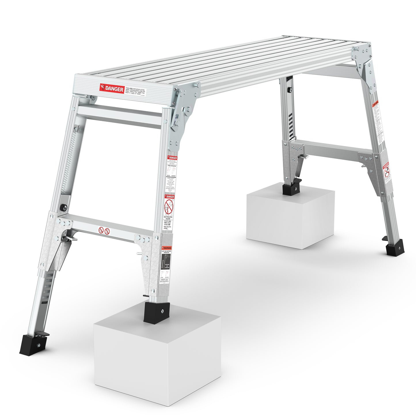 Silver aluminum work platform ladder with sturdy legs on white blocks