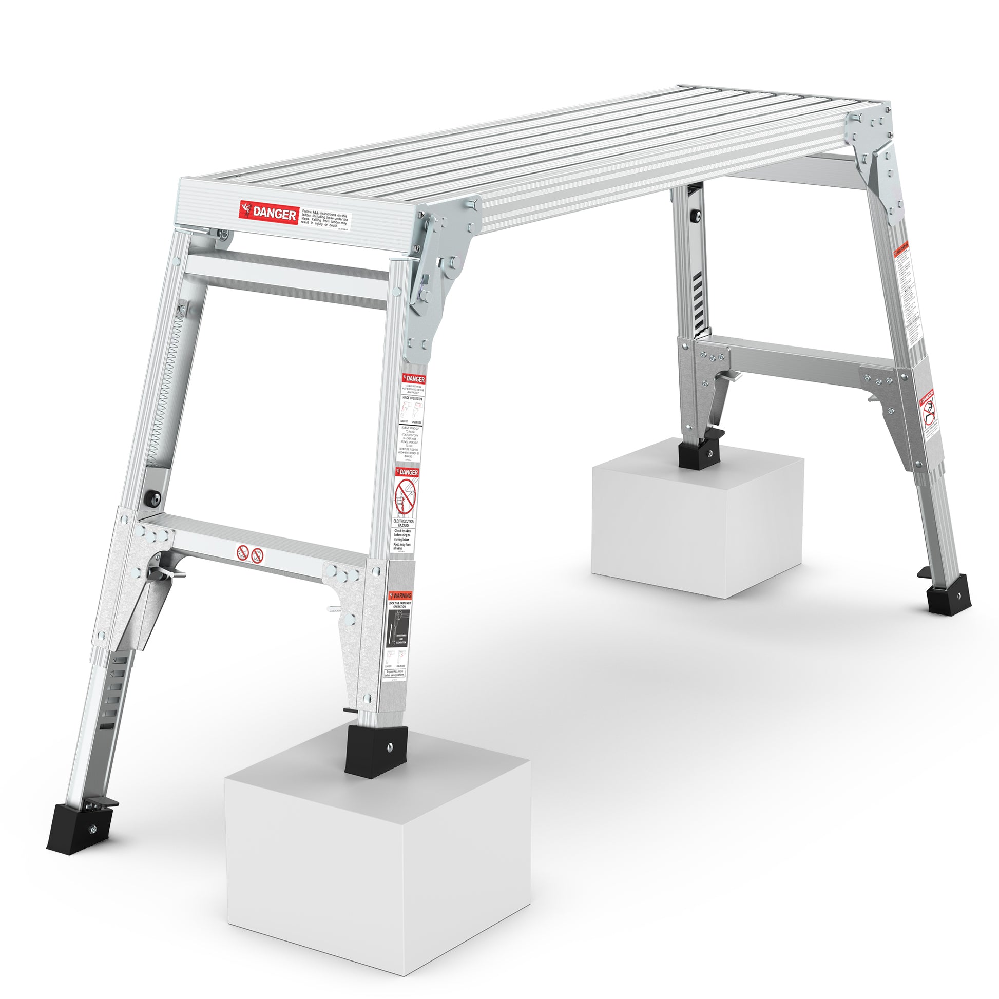 Silver aluminum work platform ladder with sturdy legs on white blocks