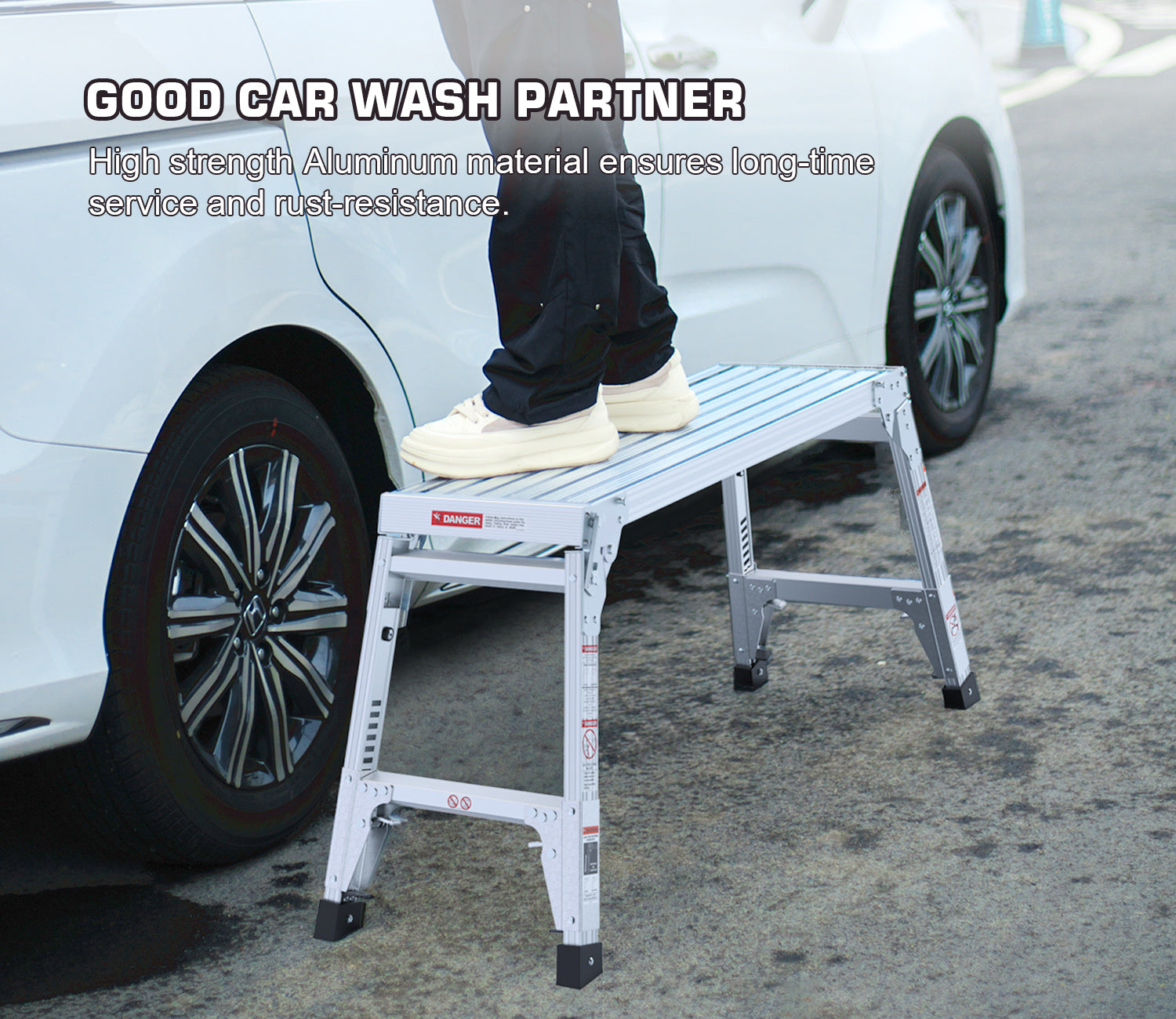 Silver aluminum step stool with nonslip feet ideal for car washing tasks