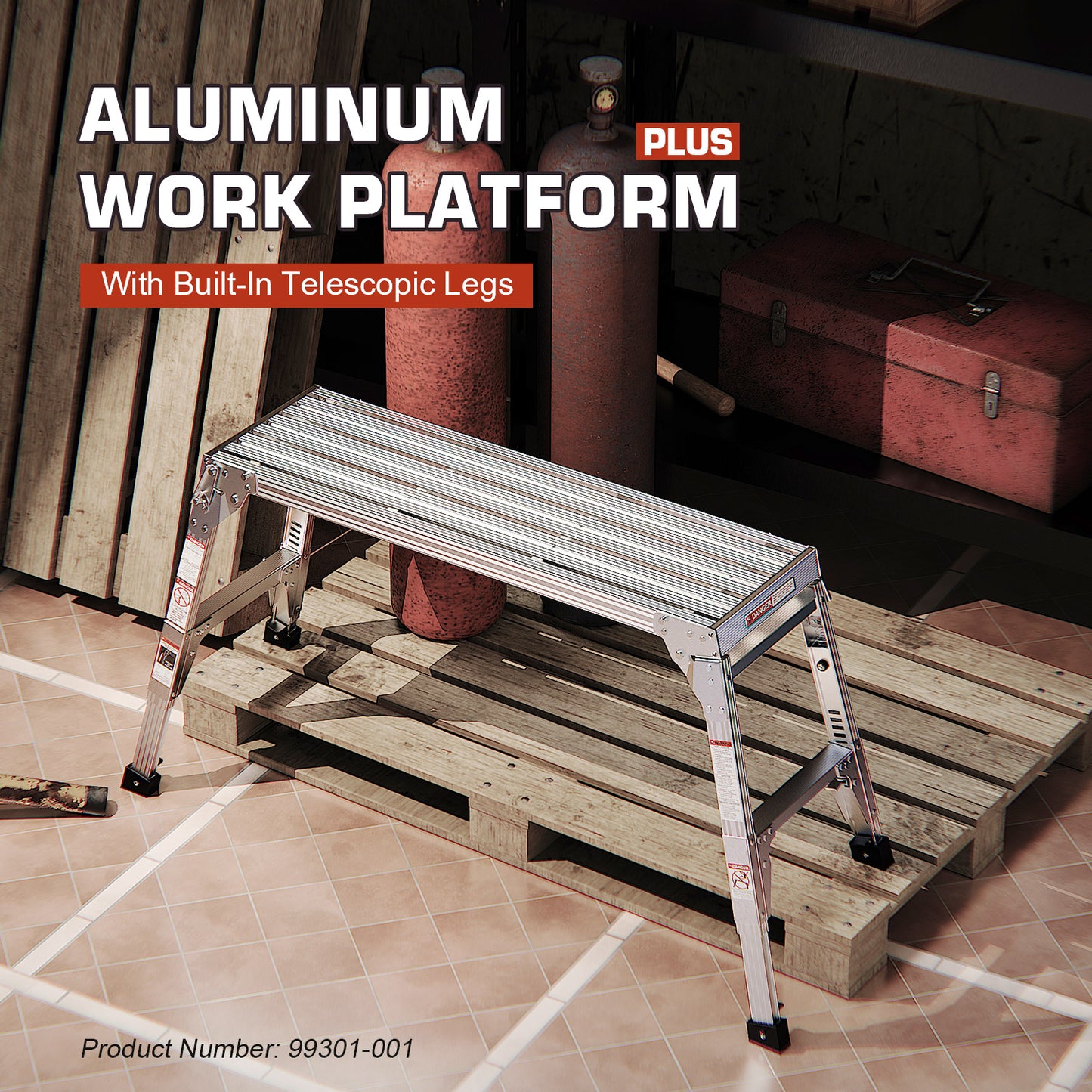 Silver aluminum work platform with telescopic legs ideal for tradespeople