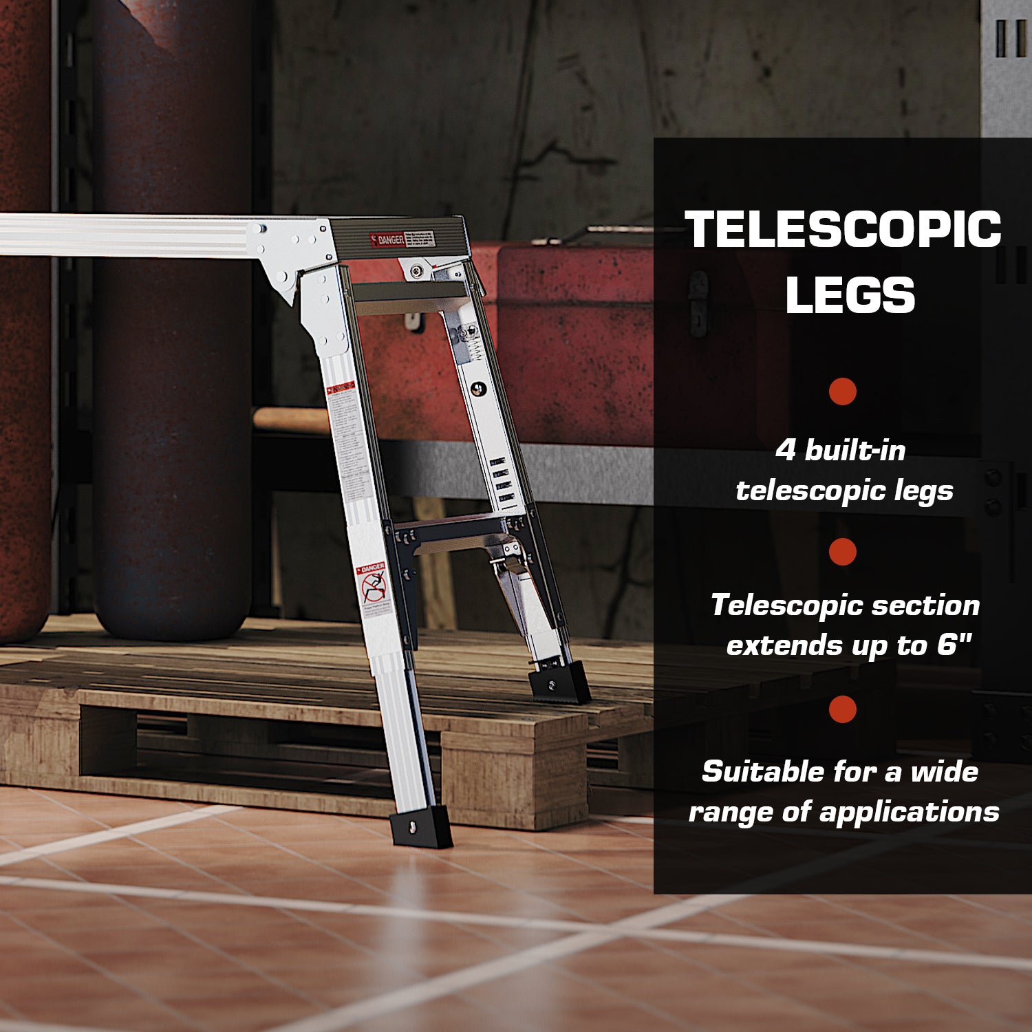 Silver telescopic ladder with adjustable legs on wooden pallet