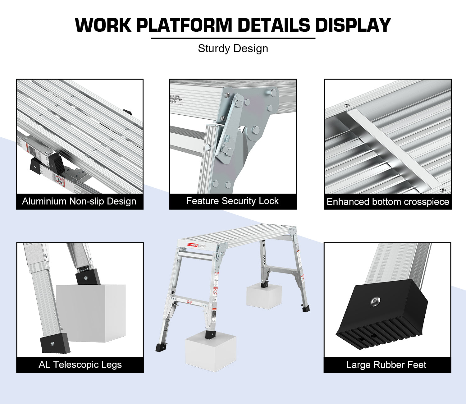 Aluminum work platform with textured nonslip surface for safety