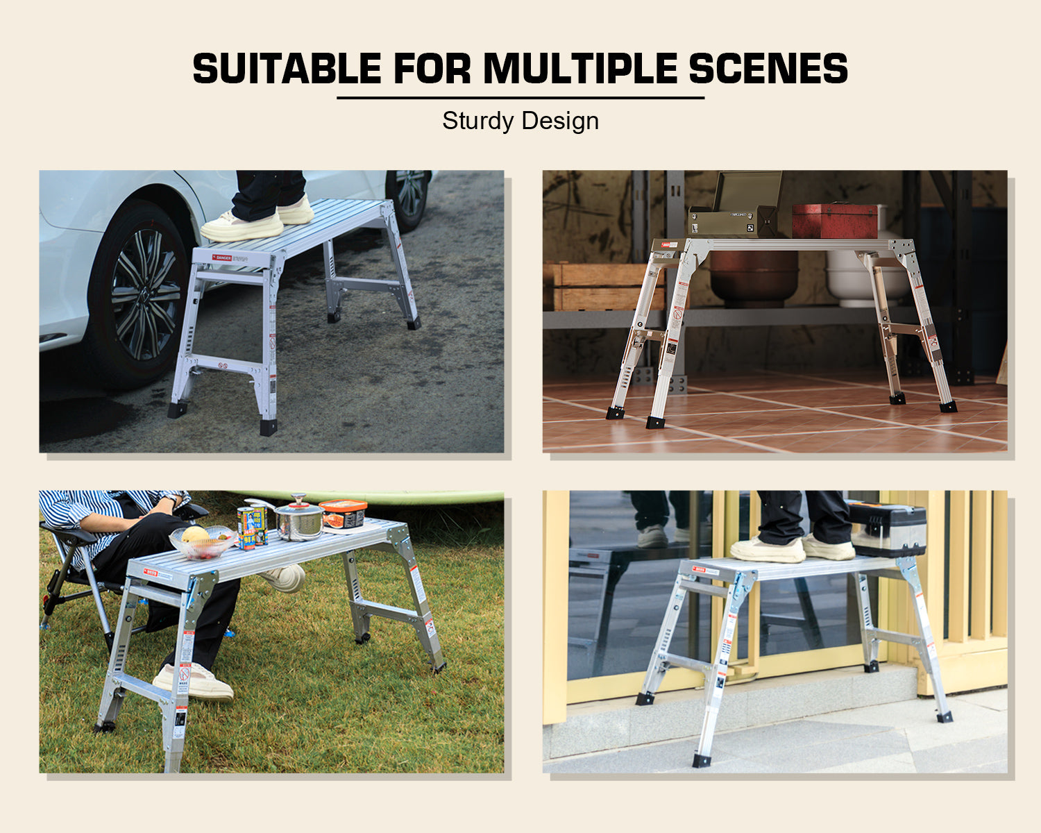 Silver aluminum step stool with textured platform ideal for car access
