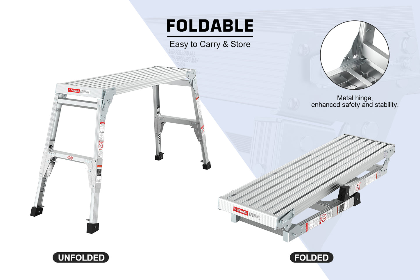 Silver aluminum foldable work platform unfolded for use