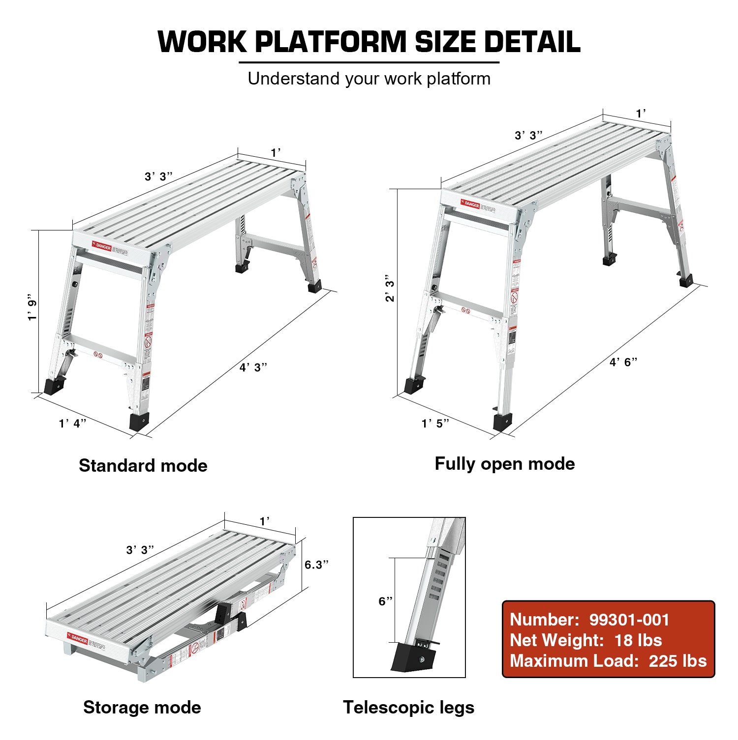 Aluminum work platform in standard mode   long  wide   height