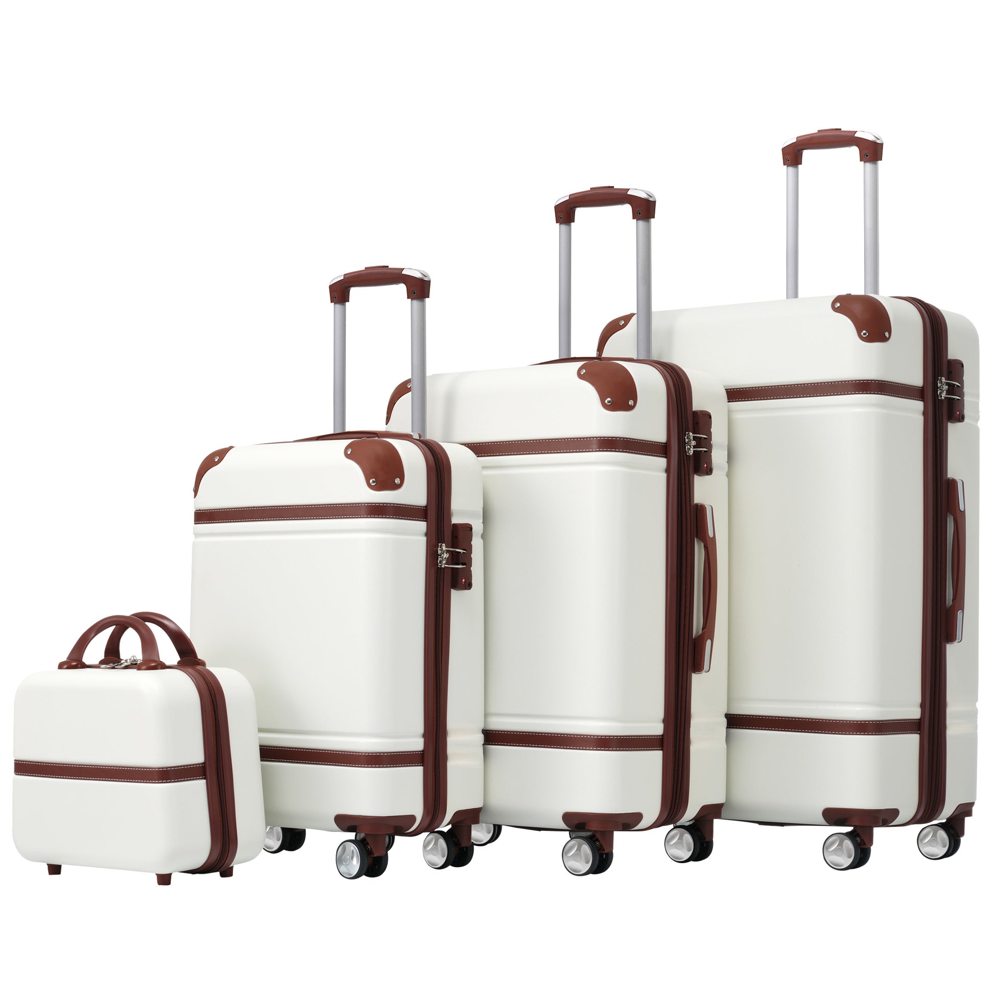 Four white vintagestyle luggage pieces with brown trim and wheels