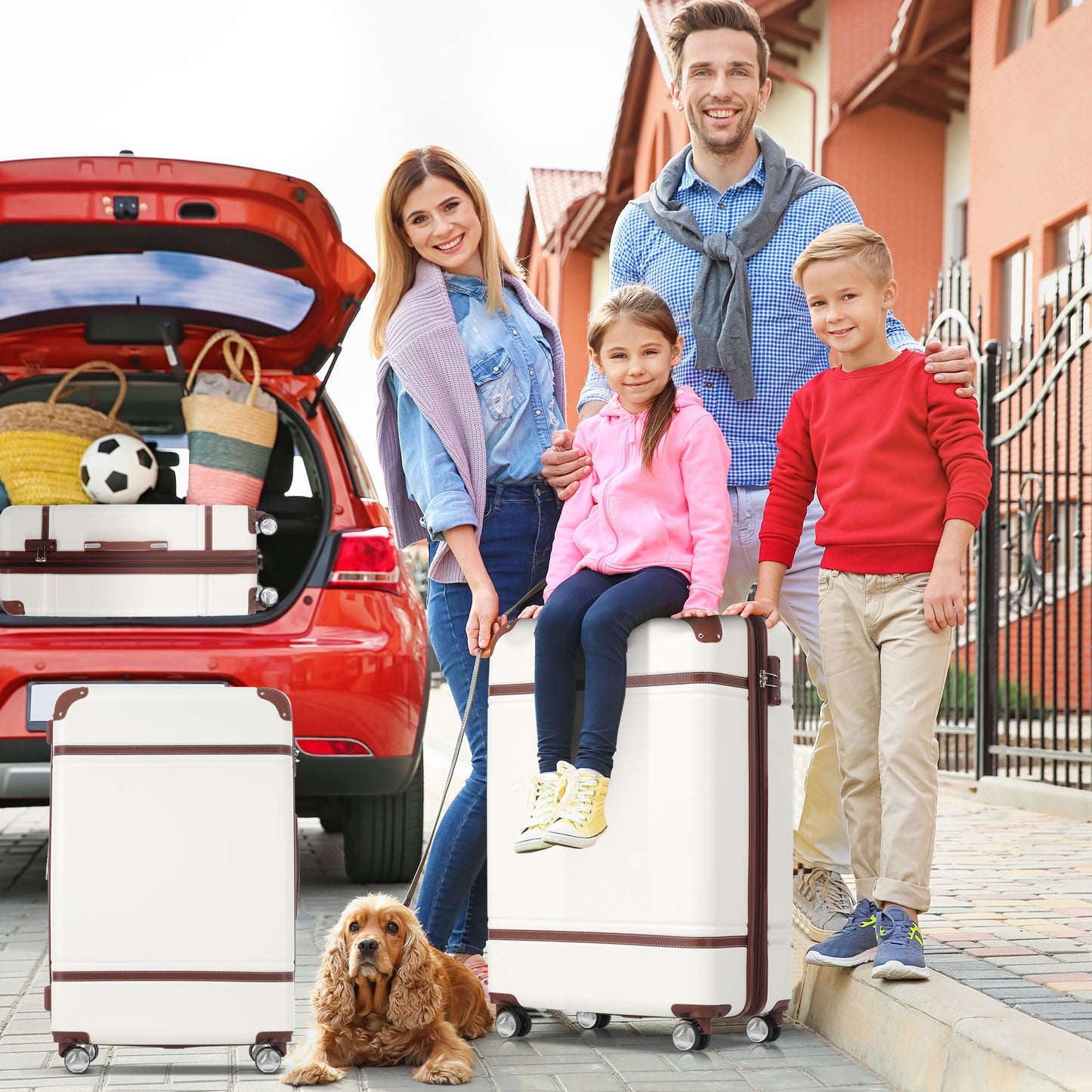 Creamcolored spinner suitcase with faux leather trim perfect for family travel