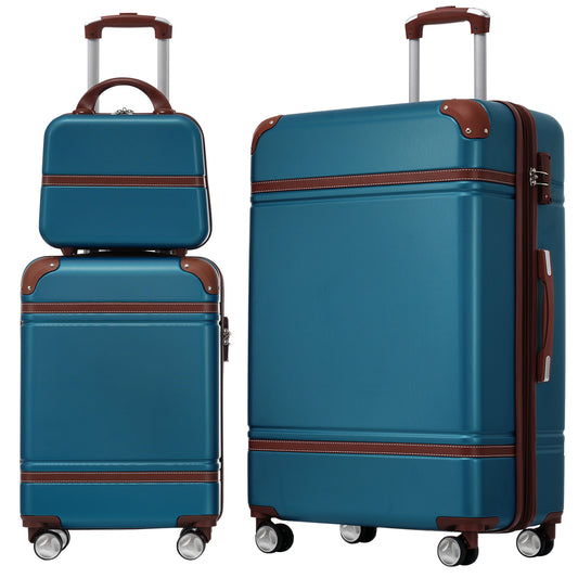 Two teal vintagestyle suitcases with brown trim and wheels