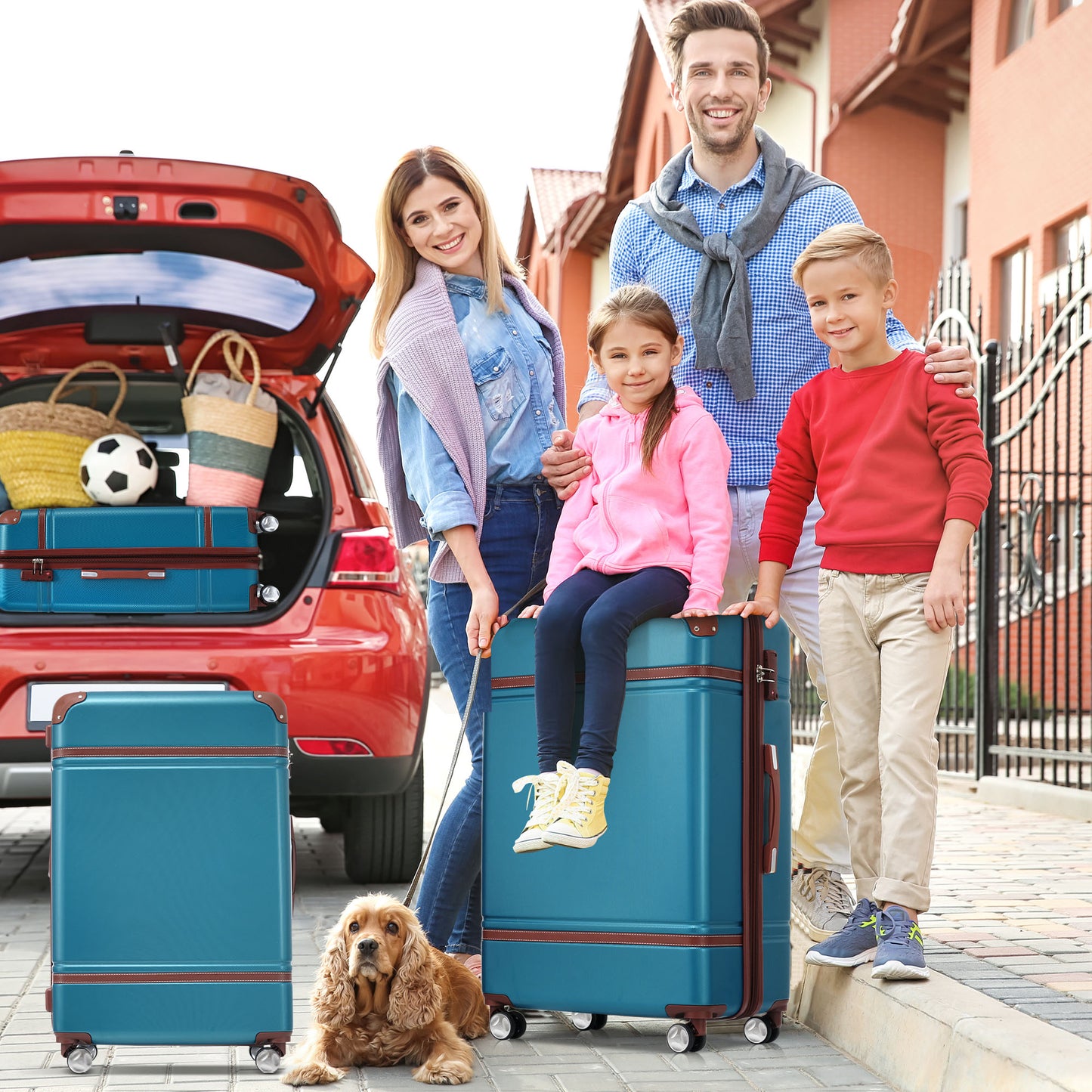 Teal hardshell luggage with brown trim ideal for family vacations and travel