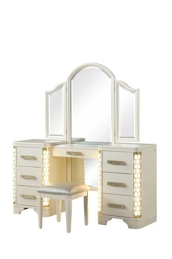 Cream vanity table with trifold mirror and upholstered stool