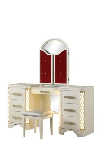 Cream vanity table with trifold mirror and padded stool