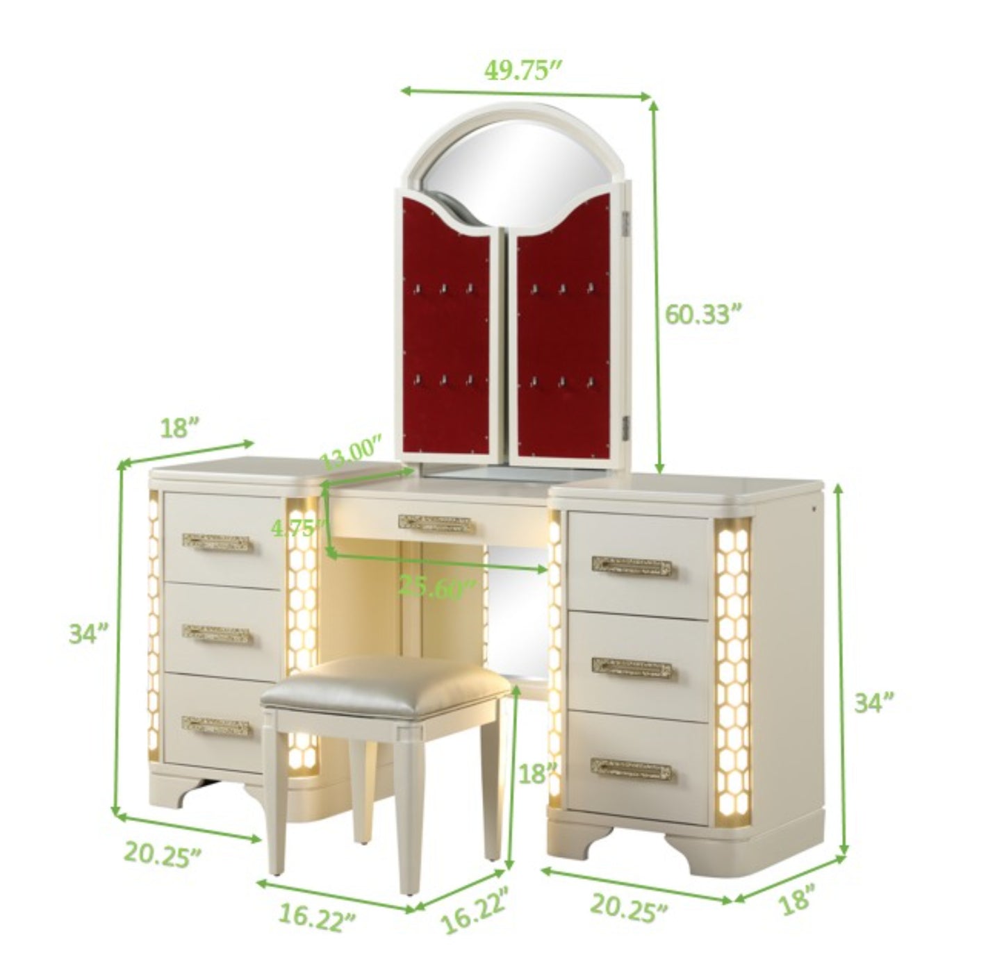 Cream vanity with arched mirror and red jewelry organizer
