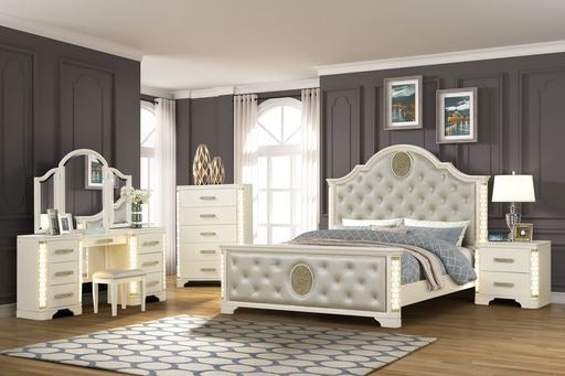 Upholstered cream tufted headboard queen bed with LED lights and gold accents