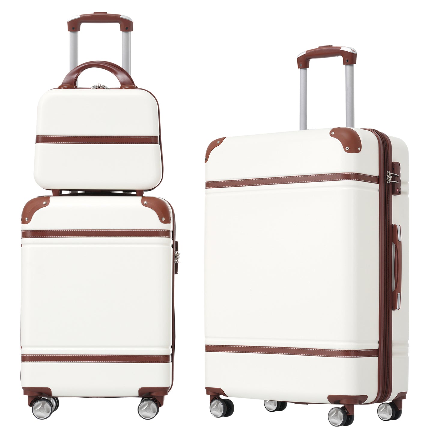 White hard shell suitcase set with brown trim and telescopic handle