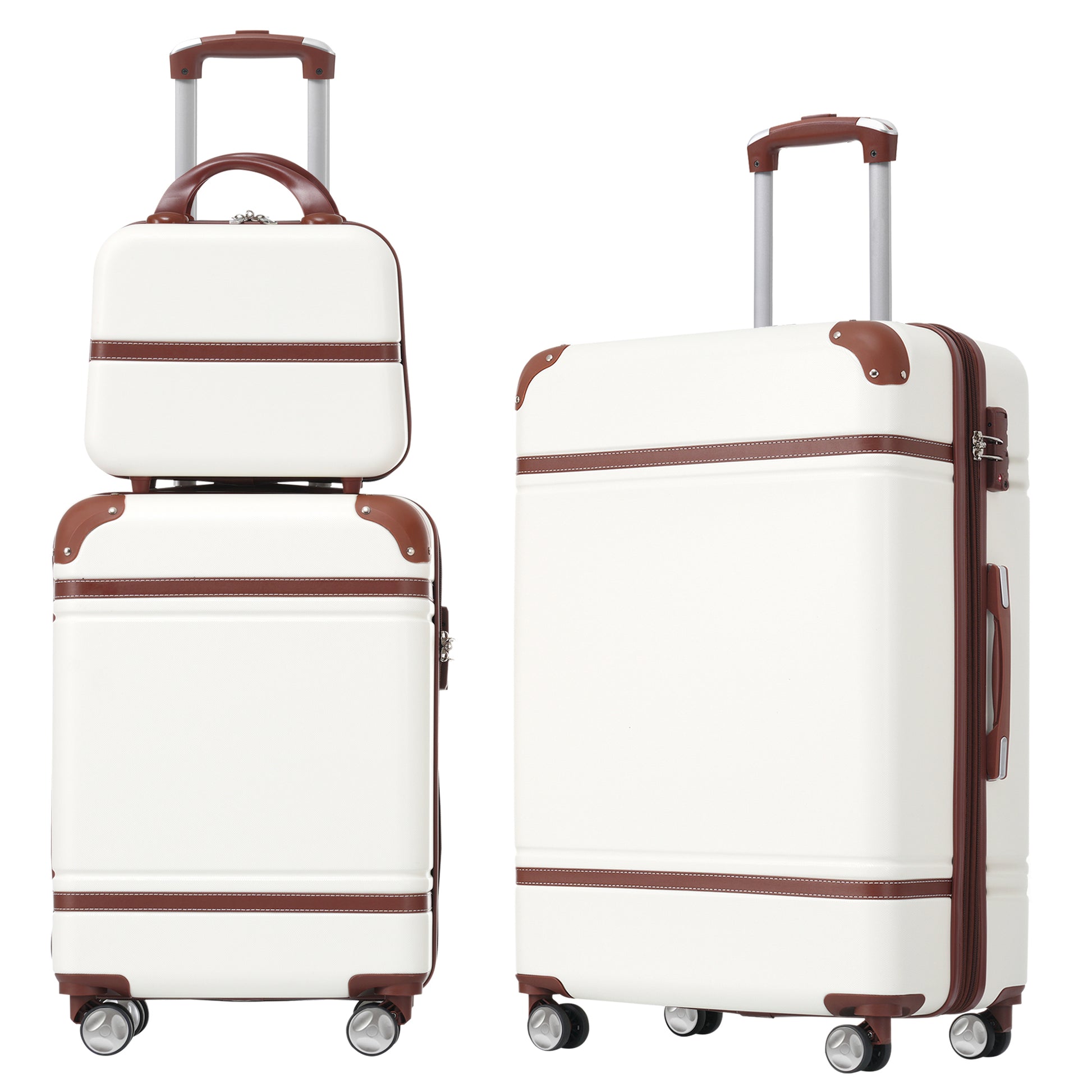 White hard shell suitcase set with brown trim and telescopic handle