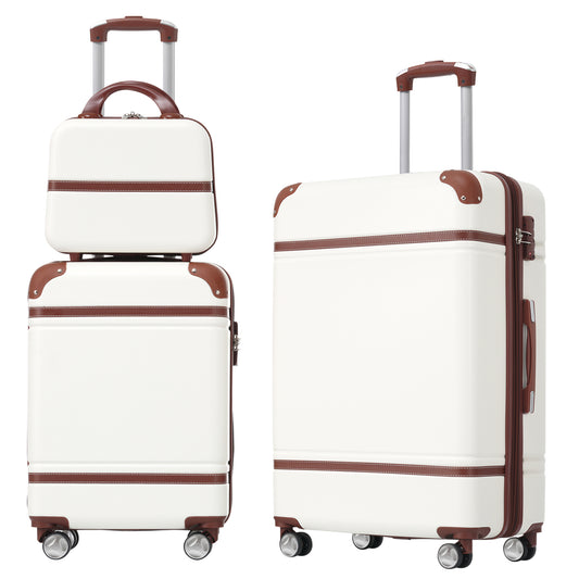 White hard shell suitcase set with brown trim and telescopic handle