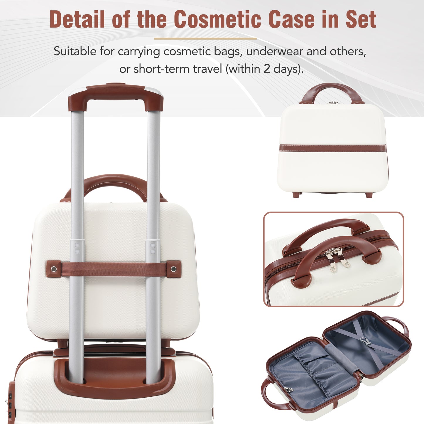 Offwhite hard shell cosmetic case with brown trim and handle ideal for travel