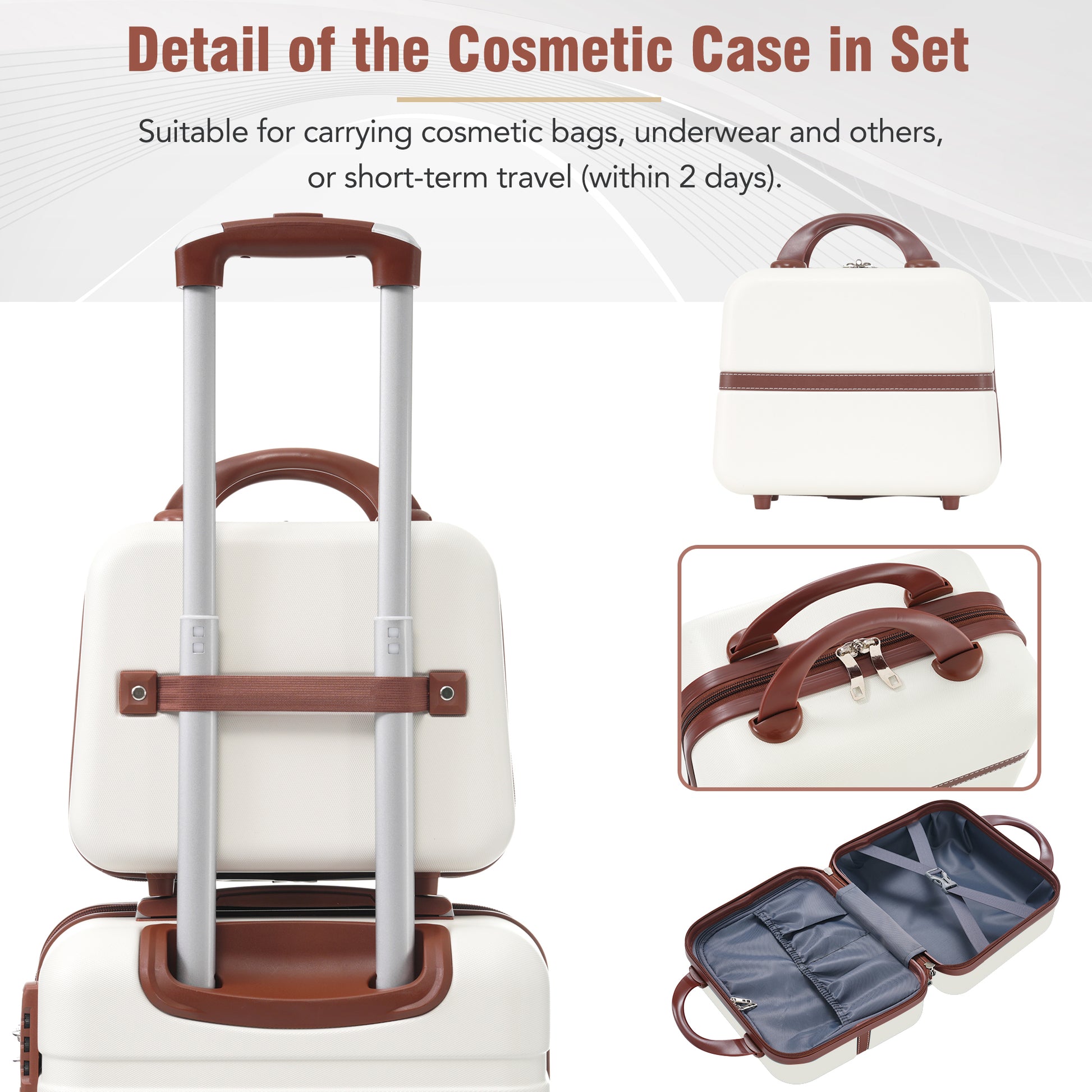 Offwhite hard shell cosmetic case with brown trim and handle ideal for travel