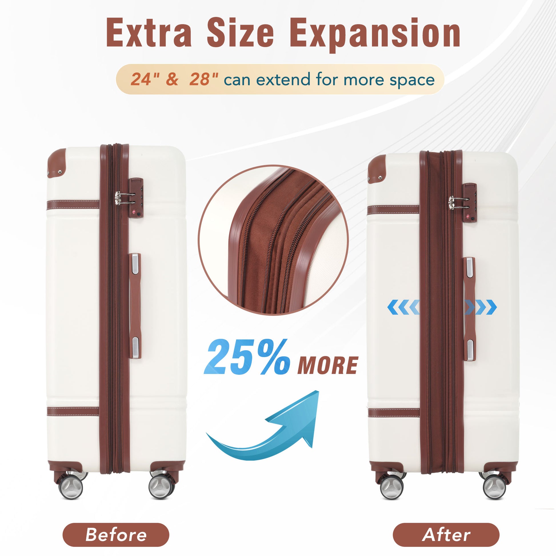 White and brown expandable travel suitcase with builtin TSA lock for secure travel